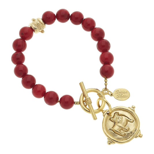 Susan Shaw - Gold Bulldog on Genuine Red Coral Bracelet