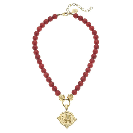 Susan Shaw - Gold Bulldog on Genuine Red Coral Necklace